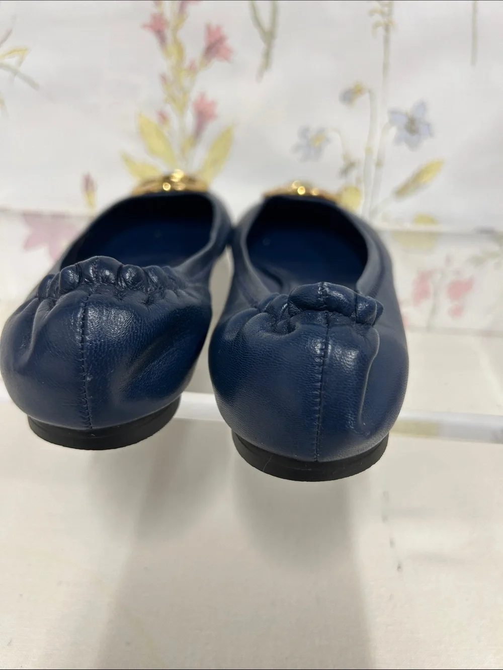 Tory Burch Navy Leather Ballet Flats with Gold Logo Medallions